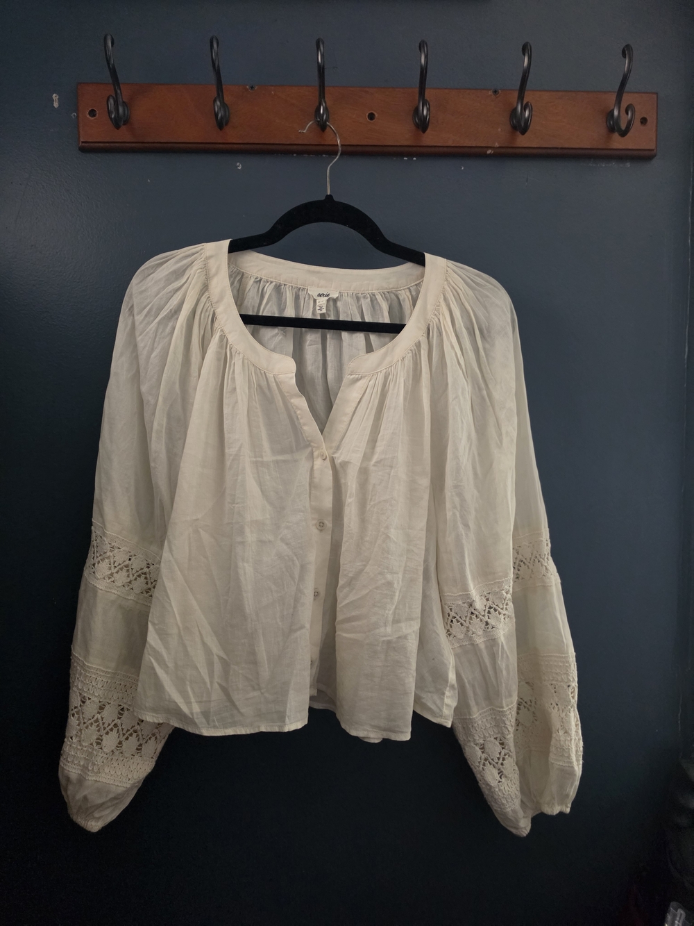 aerie Cream Button-Front Peasant Blouse with Lace Sleeves